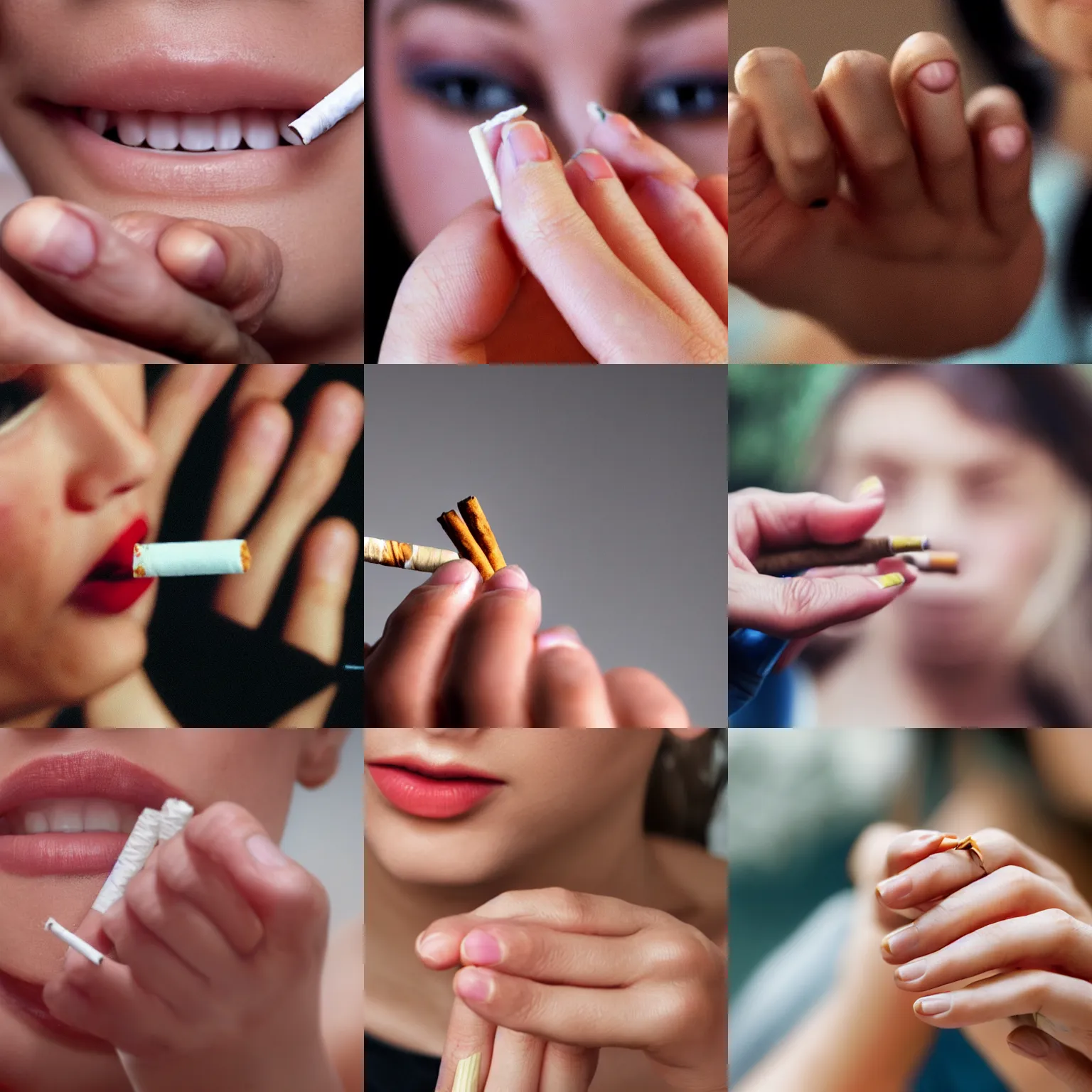 Prompt: hyperdetailed realistic closeup photo of female hand with a cigarette