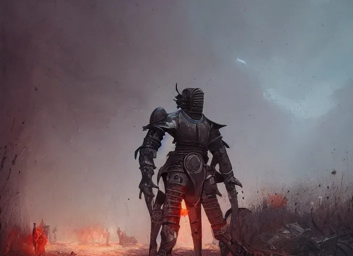 a beautiful wide angle view of an exhausted knight in Stable