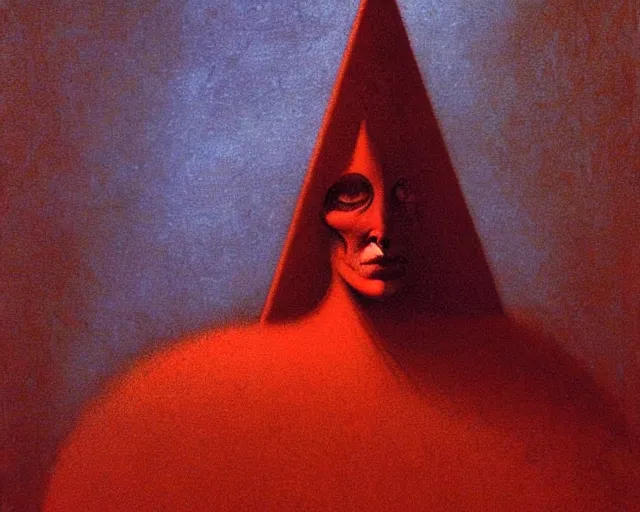 Prompt: by francis bacon, beksinski, mystical redscale photography evocative. devotion to the scarlet woman, priestess in a conical hat, vision quest, insight, divine presence