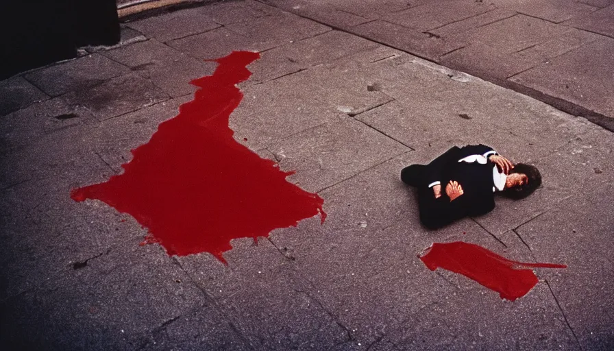 Prompt: 1 9 7 0 s movie still of maximilien de robespierre's head on the pavement with blood, cinestill 8 0 0 t 3 5 mm, high quality, heavy grain, high detail, cinematic composition, dramatic light, anamorphic, ultra wide lens, hyperrealistic