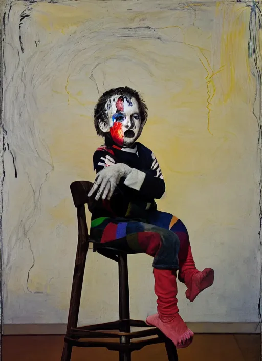 Image similar to portrait of a child harlequin sitting on a stool, by vincent lefevre and hernan bas and pat steir and hilma af klint, psychological, photorealistic, symmetrical face, dripping paint, washy brush, threads, rendered in octane, altermodern, masterpiece