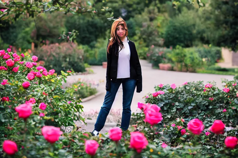 Image similar to young beautiful female president alone in the rose garden with her two boyfriends, professional photo, dslr, bokeh, romantic