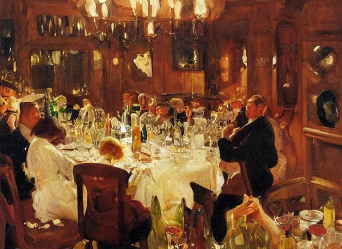 Image similar to gentlemens dinner, singing, roaring twenties, cellar, masterpiece, torches on wall, meat, wine, schnapps, smoking cigars, scantily clad blondes, oil painting by anders zorn and carl larsson, art nouveau