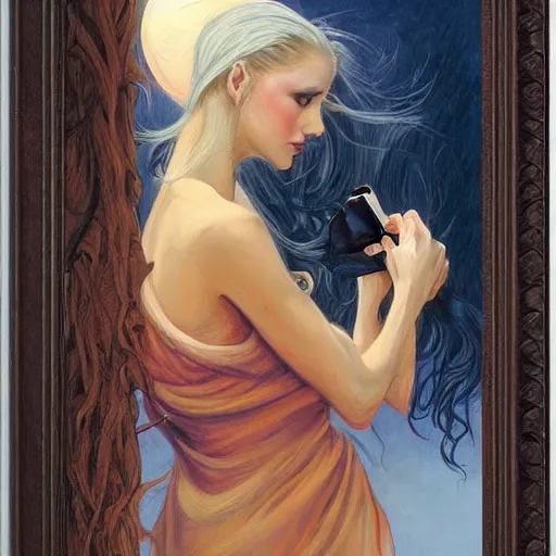 Image similar to a girl reading book, hair flowing down, by Gerald Brom