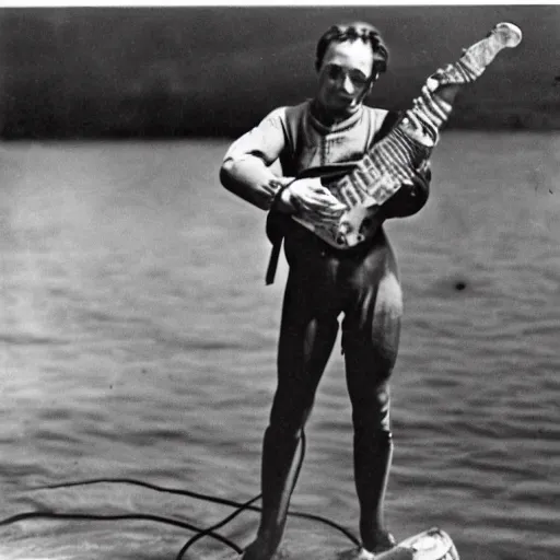 Image similar to early diving suit diver holding a stratocaster electric guitar. old diving suit pictures