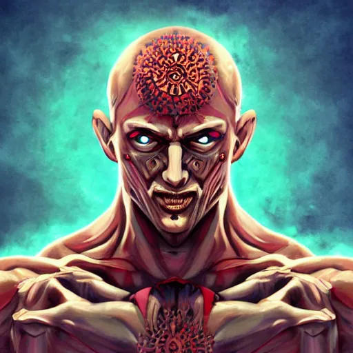 Image similar to 4K headshot portrait of godlike Ninja with defined arms and open hands and bloody clothes with giant mandala wings , intricate face , flawless anime cel animation by Kentaro Miura, psychedelic , highly detailed upper body , professionally post-processed , beautiful, scary, symmetry accurate features, epic, octane rendered, anime masterpiece, accurate by Craig Mullins, ilya kuvshinov, krenz cushart, epic , artgerm trending on artstation by Edward Hopper and Dan Mumford and WLOP and Rutkovsky, beksinski carl spitzweg moebius and tuomas kocar, intricate artwork by caravaggio, Unreal Engine 5, Lumen, Nanite