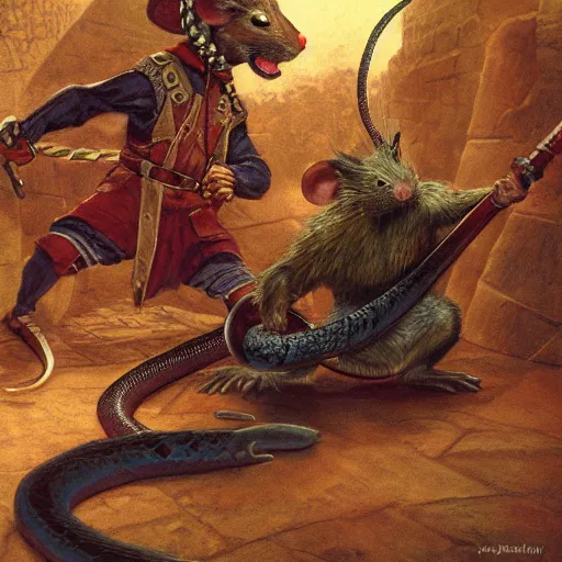 Image similar to martin the mouse warrior battling Asmodeus the serpent by James Gurney. Redwall.