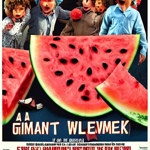 Image similar to a giant watermelon rampage town , movie poster