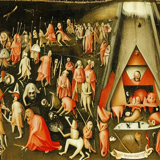 Image similar to book page of Where’s Waldo in the style of Hieronymus Bosch, Waldo is walking