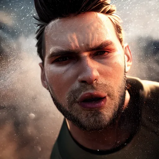 Prompt: a dramatic pose of a man wearing explorers clothes, closeup, in action, hair blowing, dramatic face angles, motion blur, storm background, photo realistic, hyper detailed, trending on artstation, unreal engine 5, octane render, 8 k, by martin schoeller