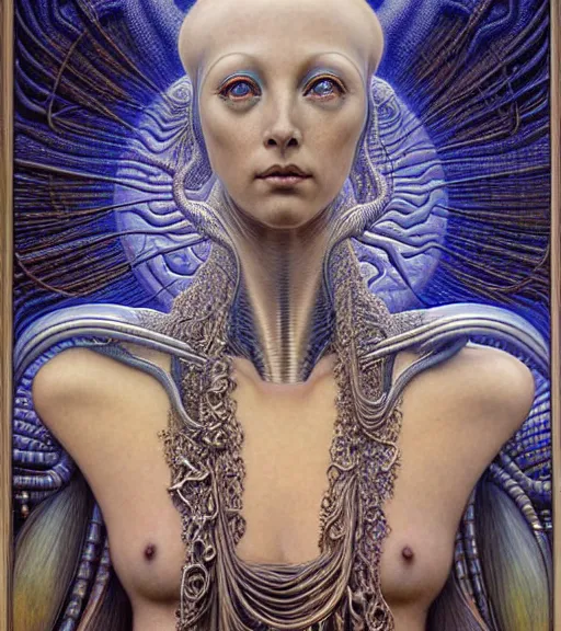 Prompt: detailed realistic beautiful young cher alien robot as queen of mars portrait by jean delville, gustave dore and marco mazzoni, art nouveau, symbolist, visionary, fractal baroque. horizontal symmetry by zdzisław beksinski, iris van herpen, raymond swanland and alphonse mucha. highly detailed, hyper - real, beautiful