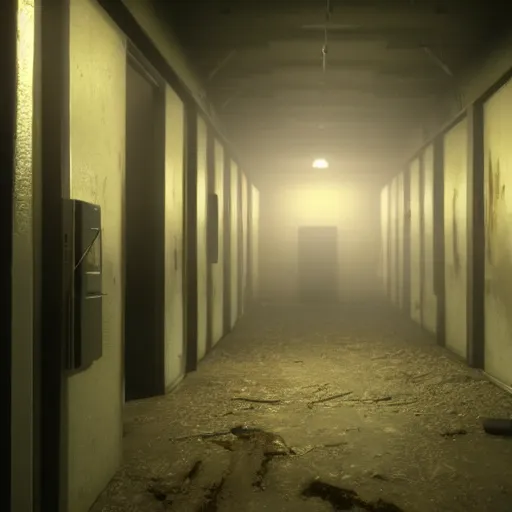 Image similar to horror facility hald - lit corridor, scp containment breach, unreal engine 5, rtx, next - gen graphics, aaa game trailer, cinematic lighting