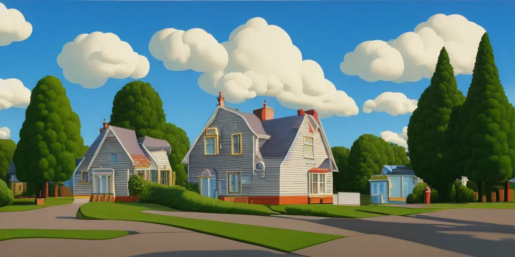 Prompt: the simpsons house clouds, blue sky, summer evening, kenton nelson