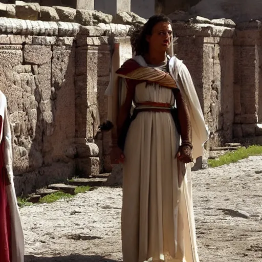 Prompt: scene from a 2 0 1 0 film set in ancient rome showing a woman