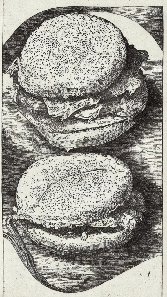 Image similar to esoteric etching print of a mcdonald's burger and fries, amphitheatrum sapientiae aeternae, 1 5 9 5