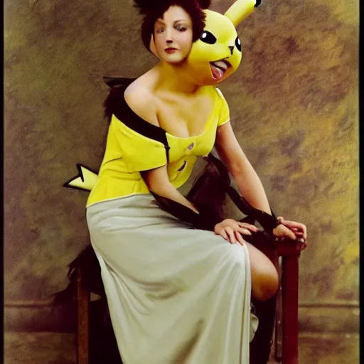 Image similar to elegant woman dressed up as pikachu, art photo by Annie Liebovitz and Alphonse Mucha