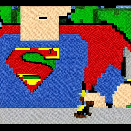 Prompt: superman dressed as a chef riding a giraffe in a bus stop, pixel art