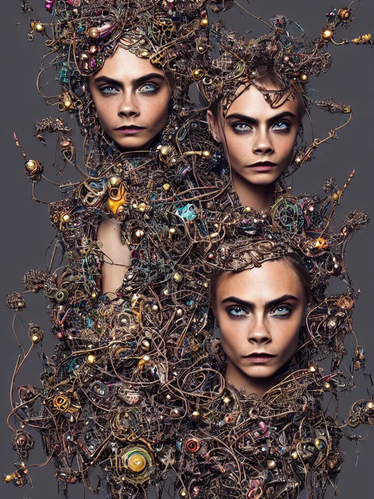 Image similar to a photo real centered image of cara delevingne beautiful tribal goddess surrounded by intertwining bio - mech tendrils made of machine and robot parts and gemstones and leaves and feathers and incense smoke, full body, gorgeous face, perfect face, powerful, by james jean, by ross tran, 3 d, cinema 4 d render, trending on artstation, octane render, 8 k