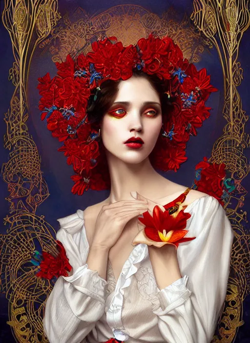 Prompt: beautiful brunette lady in white embroidered shirt, national costume of venezuelan, filigree crown with red, blue and yellow textile orchid flowers, intricate, elegant, digital painting, art nouveau, soft, smooth, soft, focus, edge light, charlie bowater, tom bagshaw, greg rutkowski