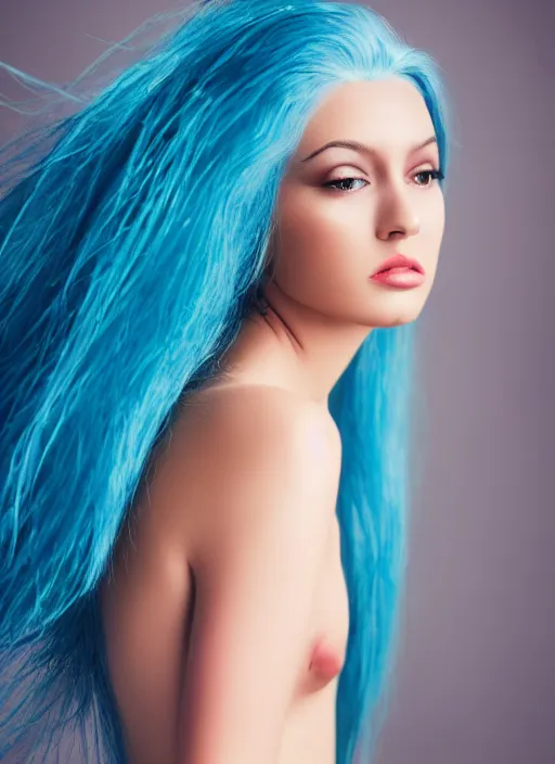 Image similar to hyper realistic fashion photography of a beautiful mermaid with blue hair, a beautiful blue tail