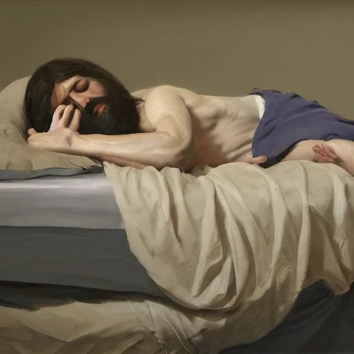 Prompt: Jesus Christ asleep tucked in in his bed, old realistic painting trending on artstation