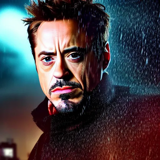 Image similar to photorealistic, hyperdetailed photograph portrait of robert downey junior, night, city, rain, dense fog, hd, 8 k resolution