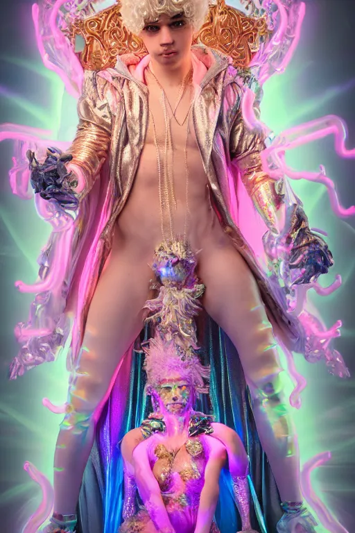 Image similar to full-body rococo and cyberpunk delicate neon crystalline sculpture of ((young muscular golden albino prince Joe Jonas)) as an iridescent humanoid deity wearing ((peach plastic hooded cloak)) (holding a human skull) in a white castle dungeon, reclining, glowing pink face, crown of (pink lasers), large blue diamonds, swirling black silk fabric. futuristic elements. oozing glowing liquid, full-length view. space robots. intricate artwork by caravaggio. Trending on artstation, octane render, cinematic lighting from the right, hyper realism, octane render, 8k, depth of field, 3D