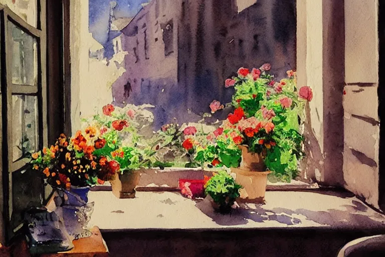 Prompt: abstract watercolor painting of spanish street, flowers in window, summer, magical and traditional, cinematic light, sharp shadows, daylight, national romanticism by anders zorn, by greg rutkowski, by greg manchess