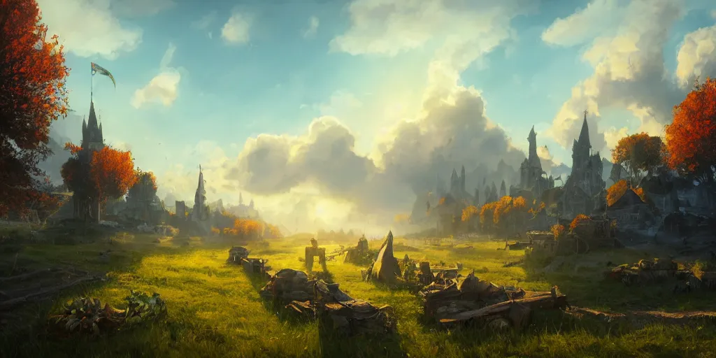 Prompt: an illustration of medieval fantasy getting ready for fall harvest and beautiful blue sky scenery, cinematic view, epic sky, detailed, concept art, low angle, high detail, warm lighting, volumetric, godrays, vivid, beautiful, trending on artstation, by jordan grimmer, huge scene, grass, art greg rutkowski