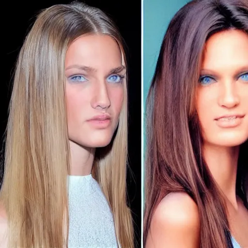 Image similar to before and after picture of a beautiful supermodel with long hair and the same supermodel with short hair