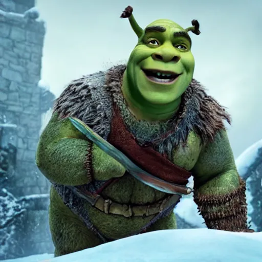 Image similar to a still of shrek in the game of thrones