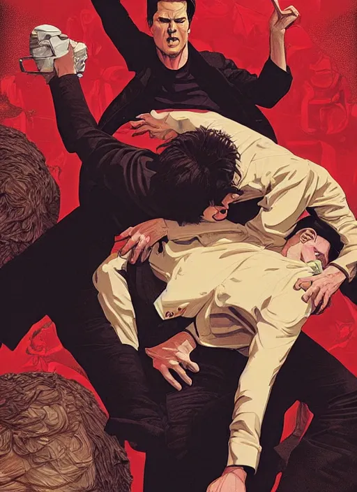 Prompt: poster artwork by Michael Whelan and Tomer Hanuka, Karol Bak of Tom Cruise attacking Philip Seymour Hoffman, from scene from Twin Peaks, clean