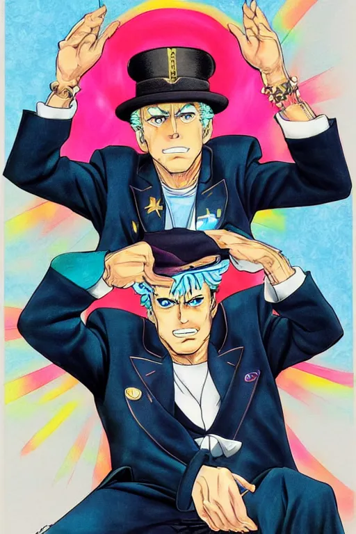 Image similar to Joe Biden as Jotaro Kujo JoJo from JoJo's Bizarre Adventure, anime drawing by Hirohiko Araki, vivid colors, colorful fashion