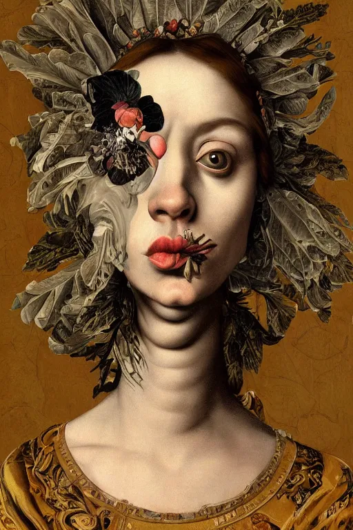 Image similar to Detailed maximalist portrait with large lips and with large eyes, sad exasperated expression, HD mixed media, 3D collage, highly detailed and intricate illustration in the style of Caravaggio, dark art, baroque