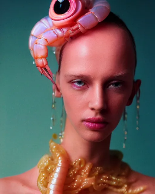 Prompt: natural light, soft focus portrait of a cyberpunk anthropomorphic shrimp with soft synthetic pink skin, blue bioluminescent plastics, smooth shiny metal, elaborate ornate head piece, piercings, skin textures, by annie leibovitz, paul lehr