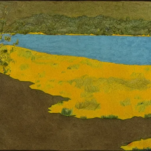 Image similar to by milo manara improvisational, meticulous cool yellow. the computer art of two lakes in connecticut, with mountains in the distance.