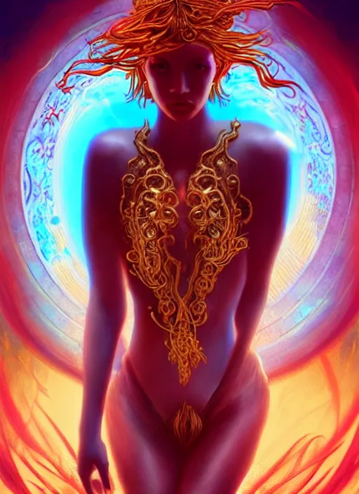 Image similar to the greek god kanyw west, firey gold hair, body made of water, steampunk, beautiful glowing eyes, volumetric lights, red and cyan theme, art nouveau botanicals, intricate, highly detailed, digital painting, artstation, concept art, smooth, sharp focus, cinematic, illustration, beautiful face, art by artgerm and greg rutkowski and alphonse mucha