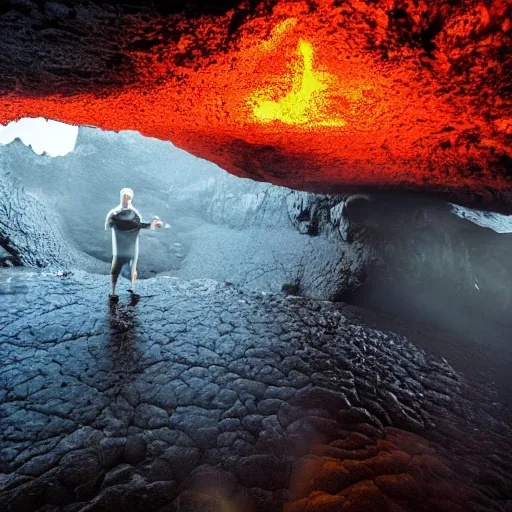 Image similar to head of walter whitr emerges from a lava lake, cave background, high detail, lava reflections, cave reflecting in the lava lake, dramatic shot