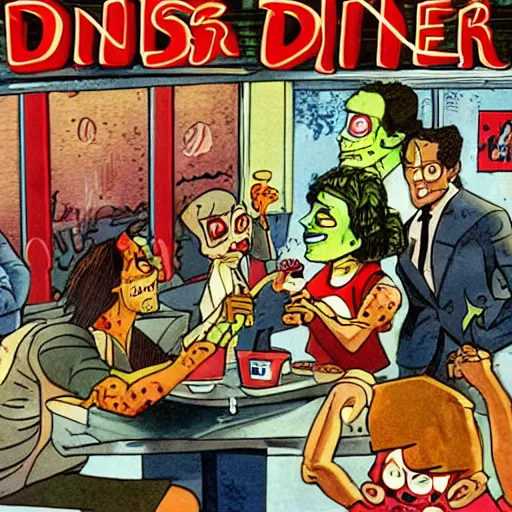 Image similar to 1990's diner full of zombies