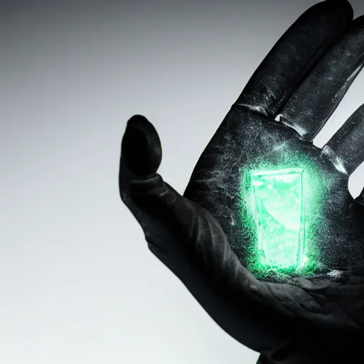 Prompt: a glowing shard of kryptonite held in an open black - gloved hand, black background