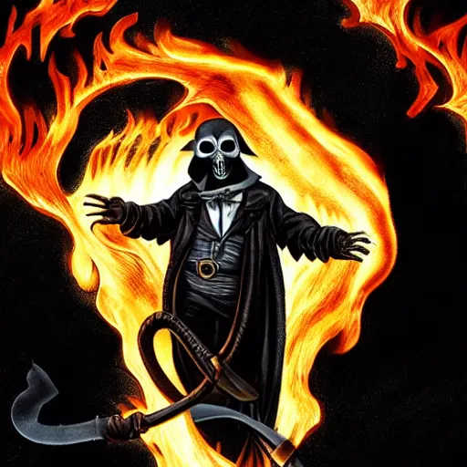 Image similar to a plague doctor with a skull surrounded by fire using black magic, ghost rider, ghost rider movie, studio quality, digital art, detailed anime