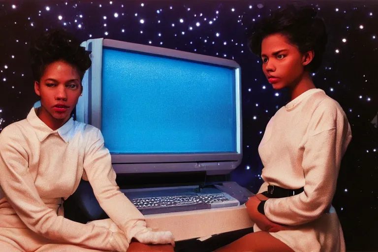 Image similar to an extremely realistic life-sized computer mainframe made of porcelain, beautiful model made of plastic sitting on a starry blue couch, from 1985, bathed in the glow of a crt television, low-light photograph, in style of Tyler Mitchell