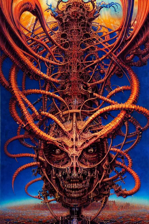 Prompt: realistic detailed image of technological nightmare abomination monster god. aerial perspective, by lisa frank, ayami kojima, amano, karol bak, greg hildebrandt, and mark brooks, neo - gothic, gothic, rich deep colors. beksinski painting, part by adrian ghenie and gerhard richter. art by takato yamamoto. masterpiece