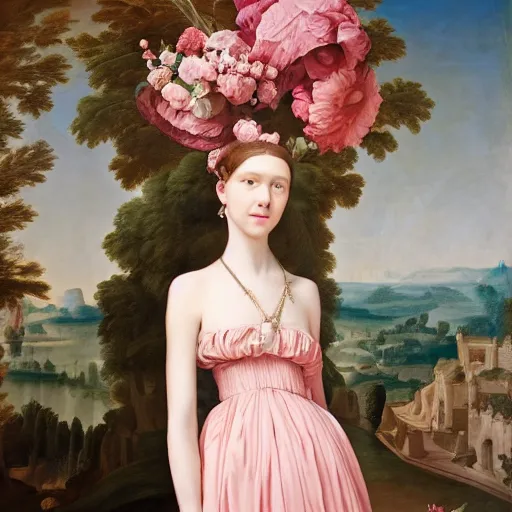 Prompt: Young lady full length shot wearing valentino resort sleeveless dress pink flowers in the style of baroque realism standing inside lourve, 8K, background renaissance paintings with gold