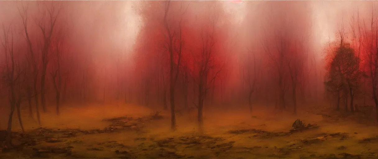Image similar to old small village in a mystical forest, oil painting, beksinski, red sky, misty, atmospheric, eerie, horror, 8 k, high details