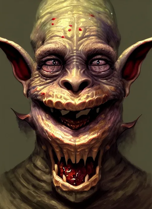 Image similar to profile face portrait of a medieval goblin eating cakes in the cloisters, beautiful face, hyper realistic, highly detailed, digital painting, artstation, illustration, concept art by hyung tae and frank frazetta, digital paint, matte paint, washed colors, dark, gloomy