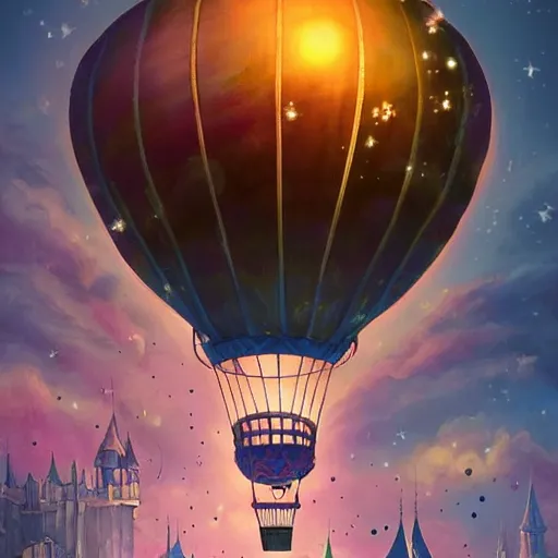 Image similar to a beautiful stunning fantasy whimsical matte digital illustration of a hot - air balloon powered by magic over a lit city at night by marc simonetti, pastel color palette, disney magic the gathering steampunk, chiaroscuro magical bokeh moon stars, trending on artstation hq, masterpiece