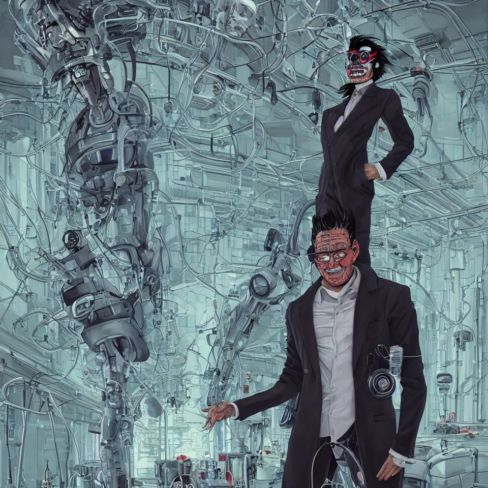 Prompt: A portrait photo of a latino mad scientist male with cyborg face looking at the camera with a queasy smile!!, wearing a black suit under a white laboratory coat, in a mixed style of Botticelli and Æon Flux!!, inspired by Simon Stålenhag paintings, and cyberpunk!!!, stunningly detailed, stunning inking lines, flat colors, 4K photorealistic