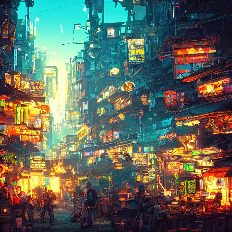 Image similar to fantastic lighting, pixel art, high detail, cyberpunk market, 2 d