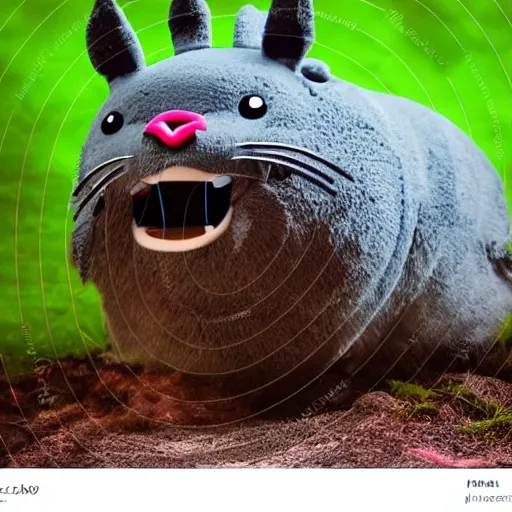 Image similar to action photograph of a terrifying totoro with glowing eyes about to attack the camera, claws, sharp teeth, aggressive violent realistic flash photography